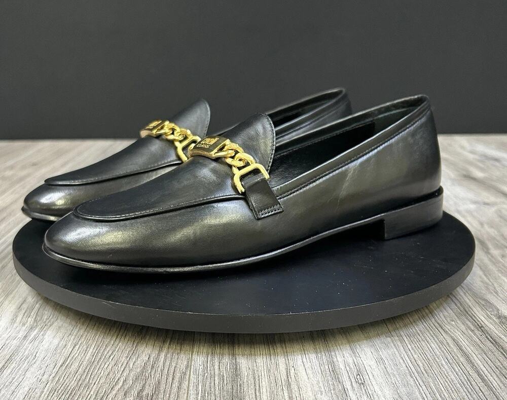 Cavalli Class Nappa Leather Chain Loafer Flats Nero Black Womens 8.5 NEW